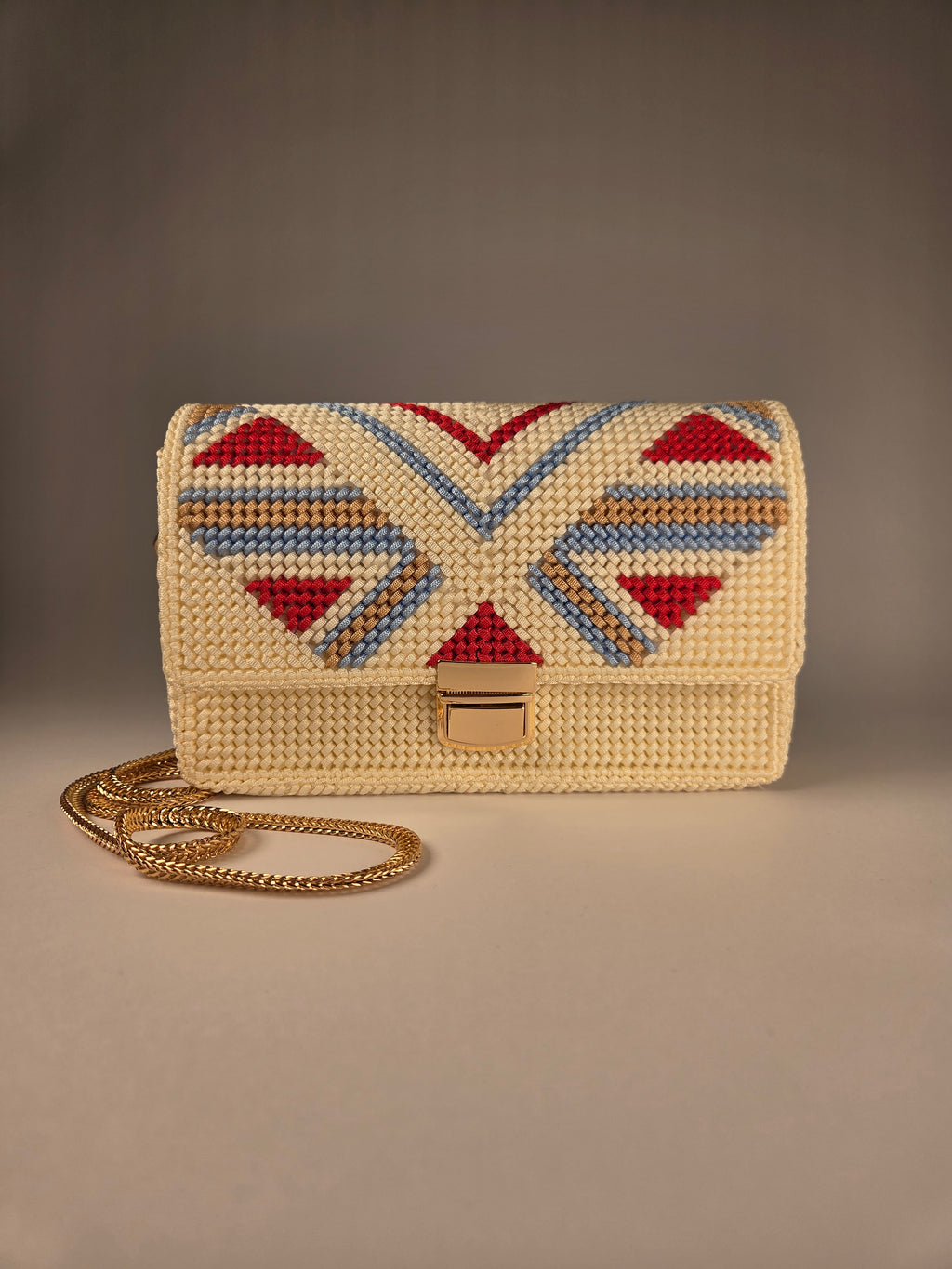 Exclusive Canvas Crossbody Bag, Red-Blue-Gold Pattern & Gold Chain