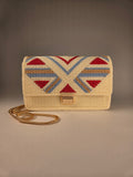 Exclusive Canvas Crossbody Bag, Red-Blue-Gold Pattern & Gold Chain