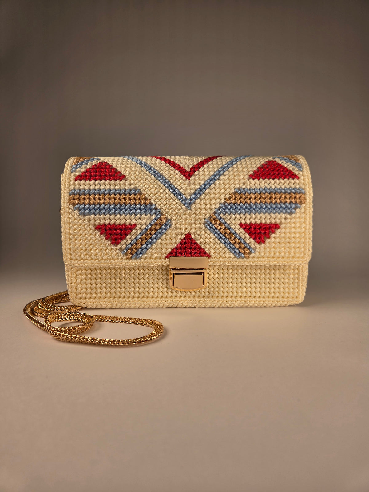 Exclusive Canvas Crossbody Bag, Red-Blue-Gold Pattern & Gold Chain