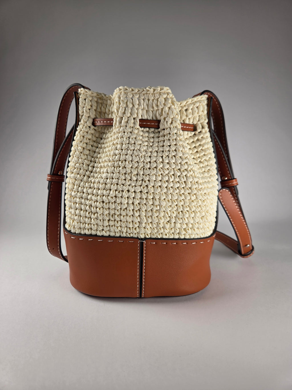 Crochet Bucket Bag with Faux Leather Accent