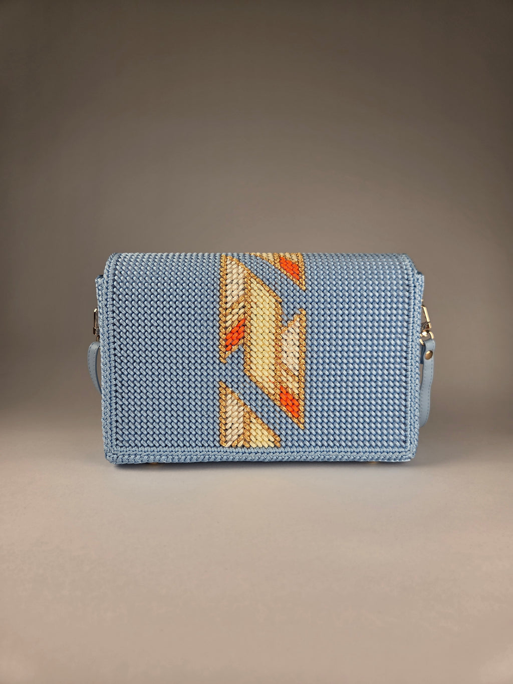 Embroidered Canvas Crossbody Bag in Light Blue – Warm Accent Pattern & Lining