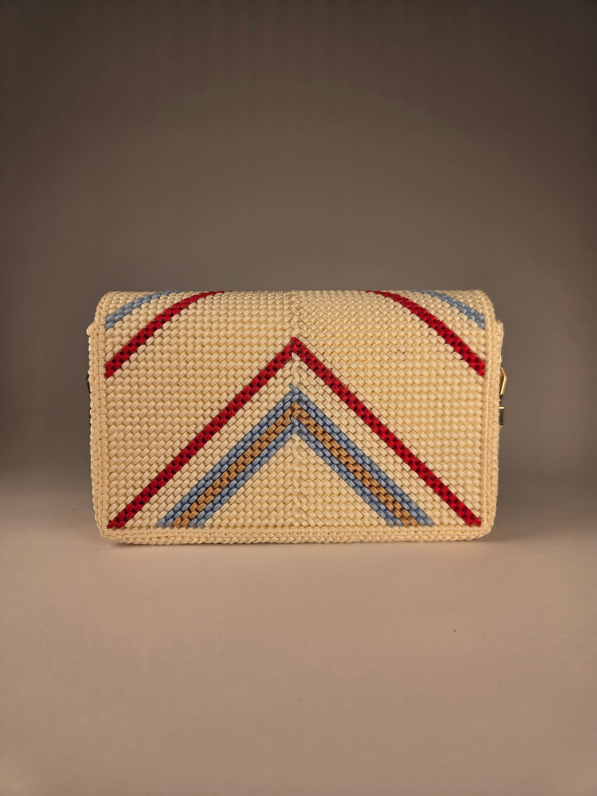 Exclusive Canvas Crossbody Bag, Red-Blue-Gold Pattern & Gold Chain