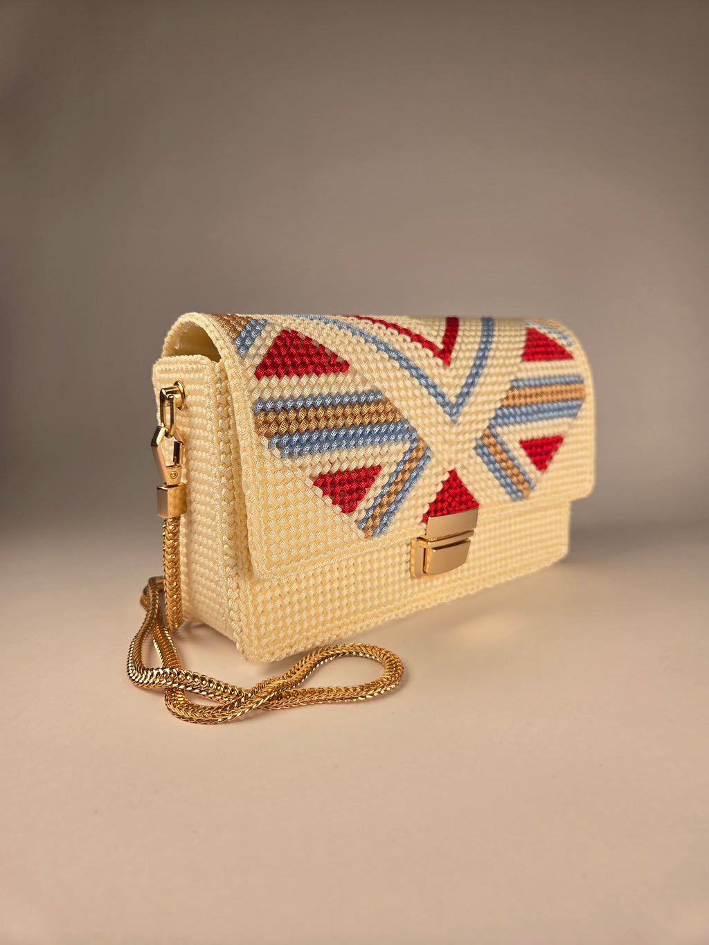 Exclusive Canvas Crossbody Bag, Red-Blue-Gold Pattern & Gold Chain