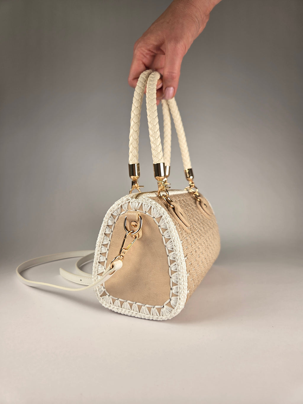 Exclusive Crocheted Baguette Bag, Beige & Gold Details