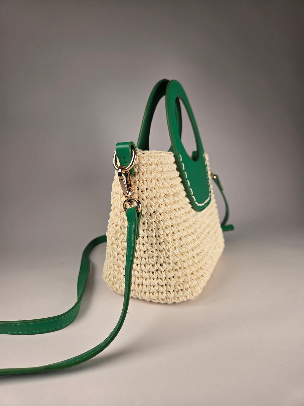 Crocheted Raffia Bag with Faux Leather Handles