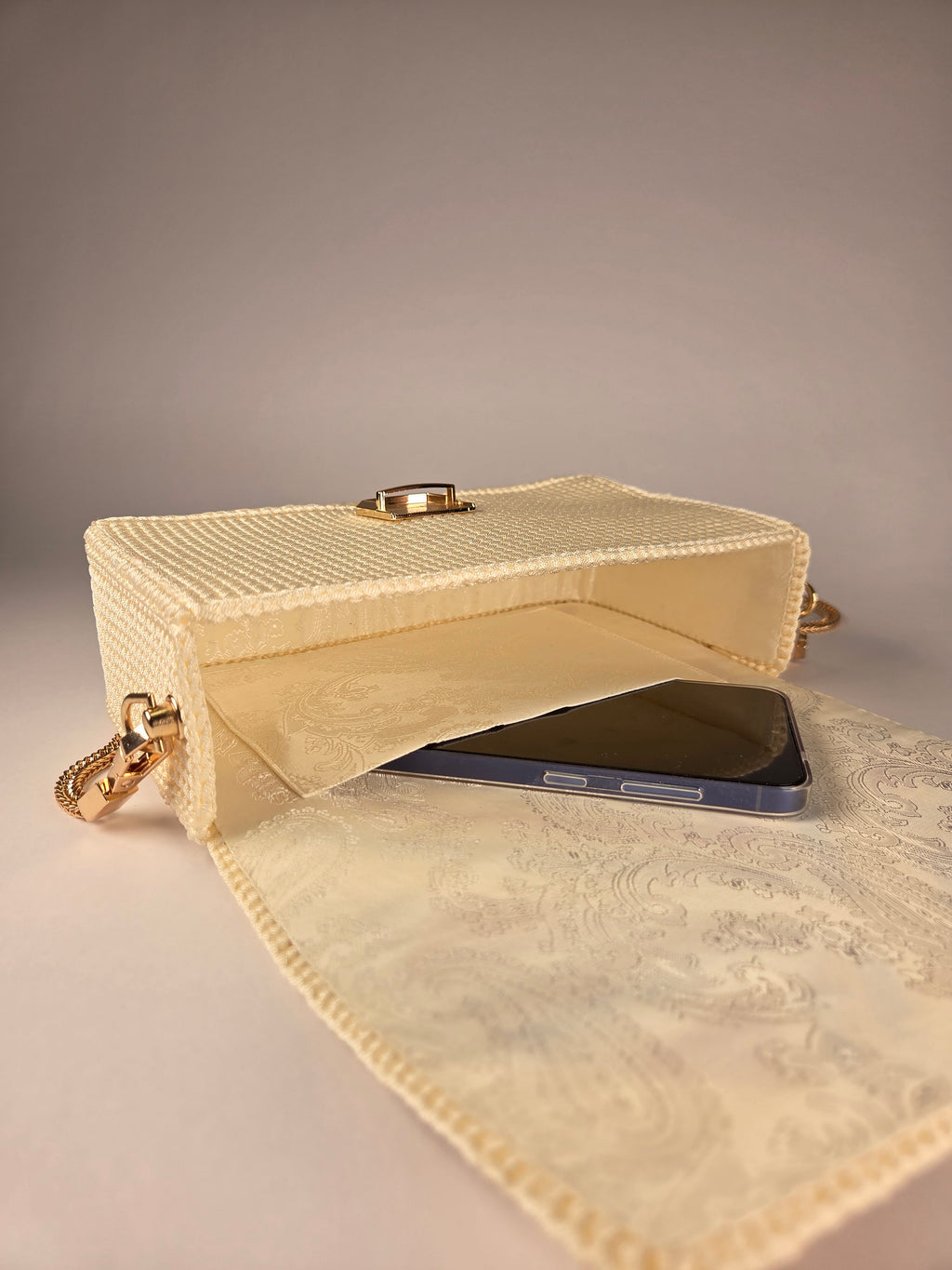 Exclusive Canvas Crossbody Bag, Red-Blue-Gold Pattern & Gold Chain