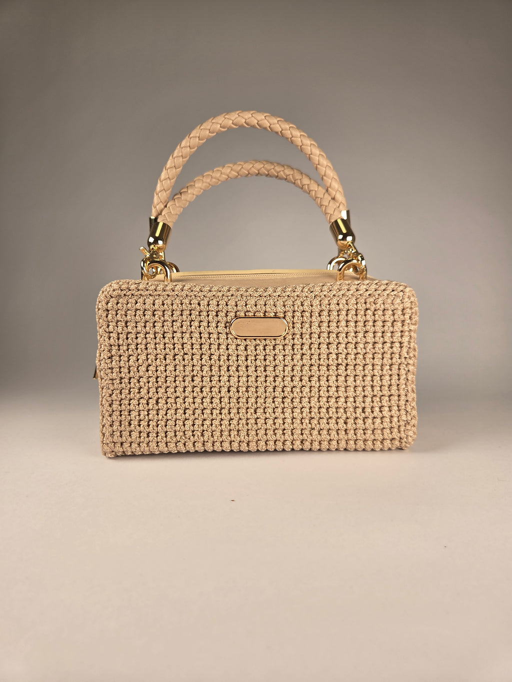 Designer Boxy Canvas Handbag in Beige