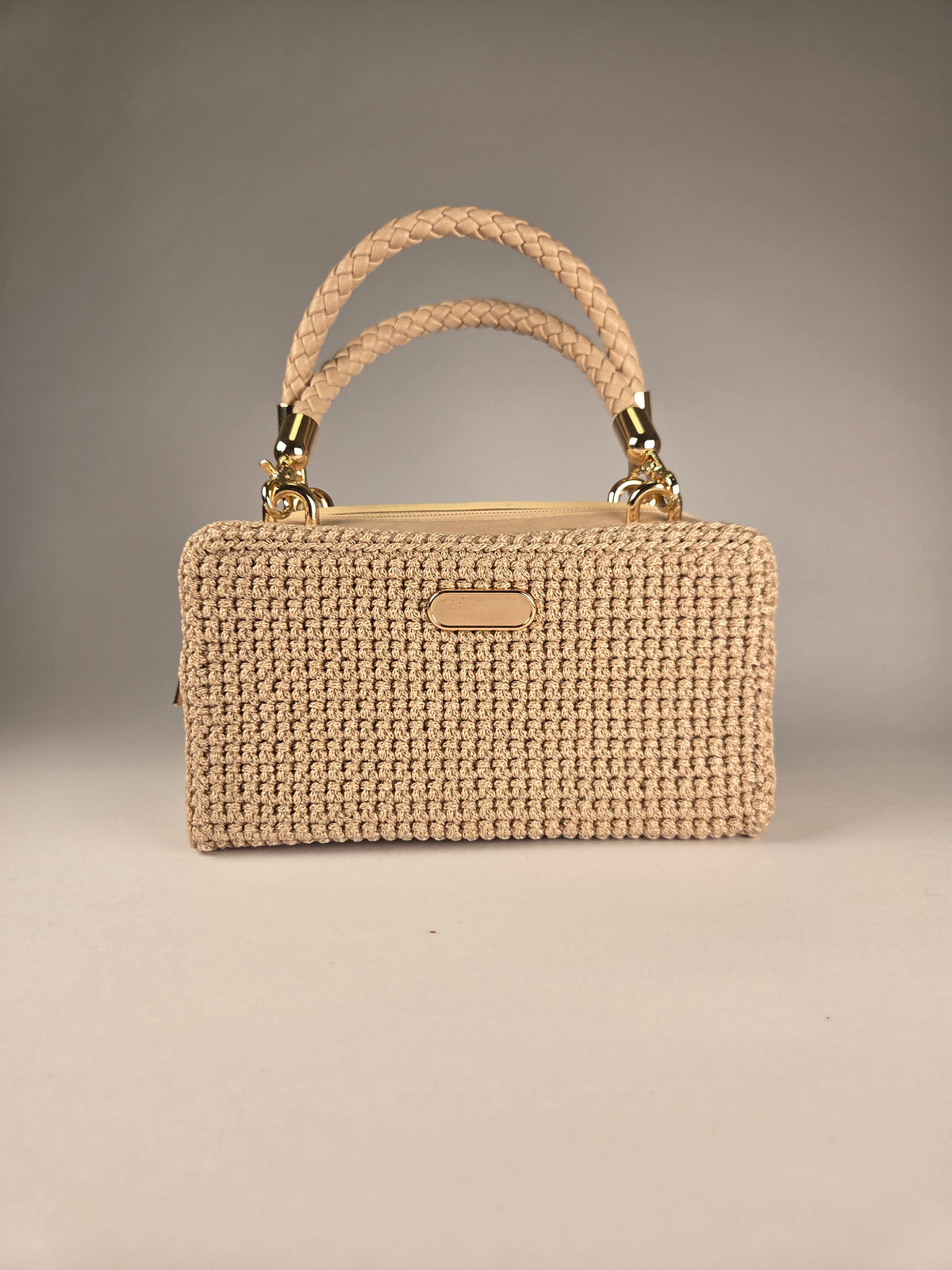 Designer Boxy Canvas Handbag in Beige