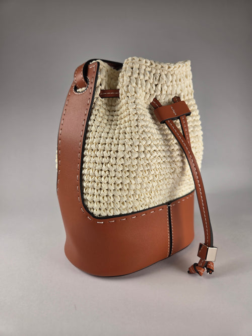Crochet Bucket Bag with Faux Leather Accent