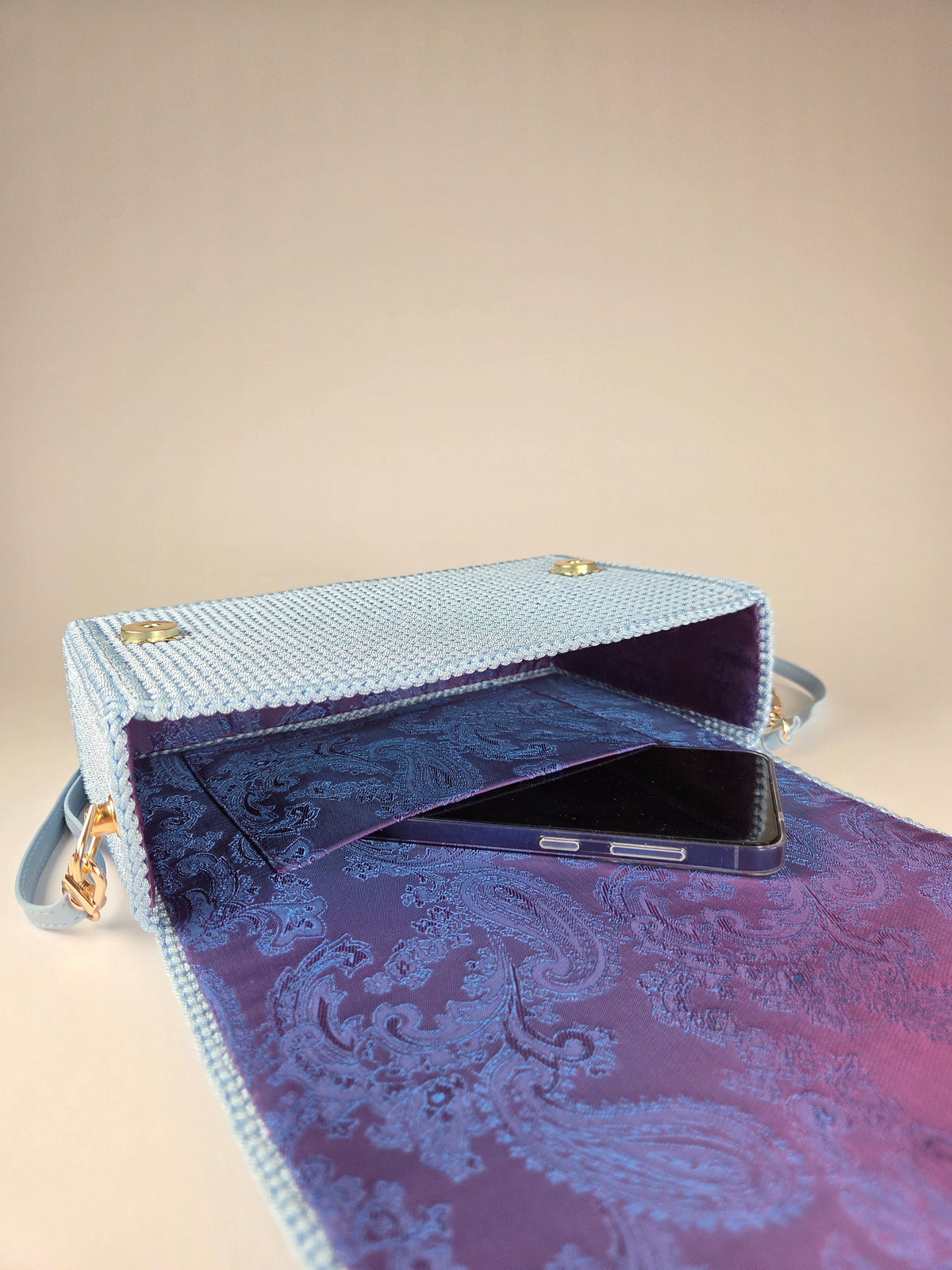 Embroidered Canvas Crossbody Bag in Light Blue – Warm Accent Pattern & Lining
