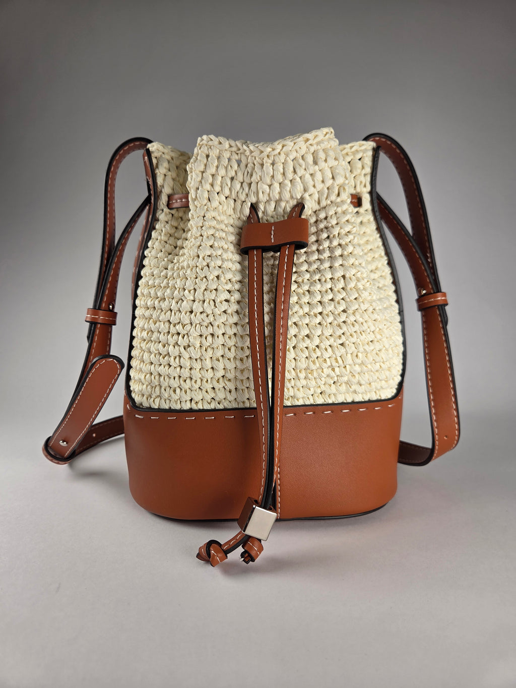 Crochet Bucket Bag with Faux Leather Accent