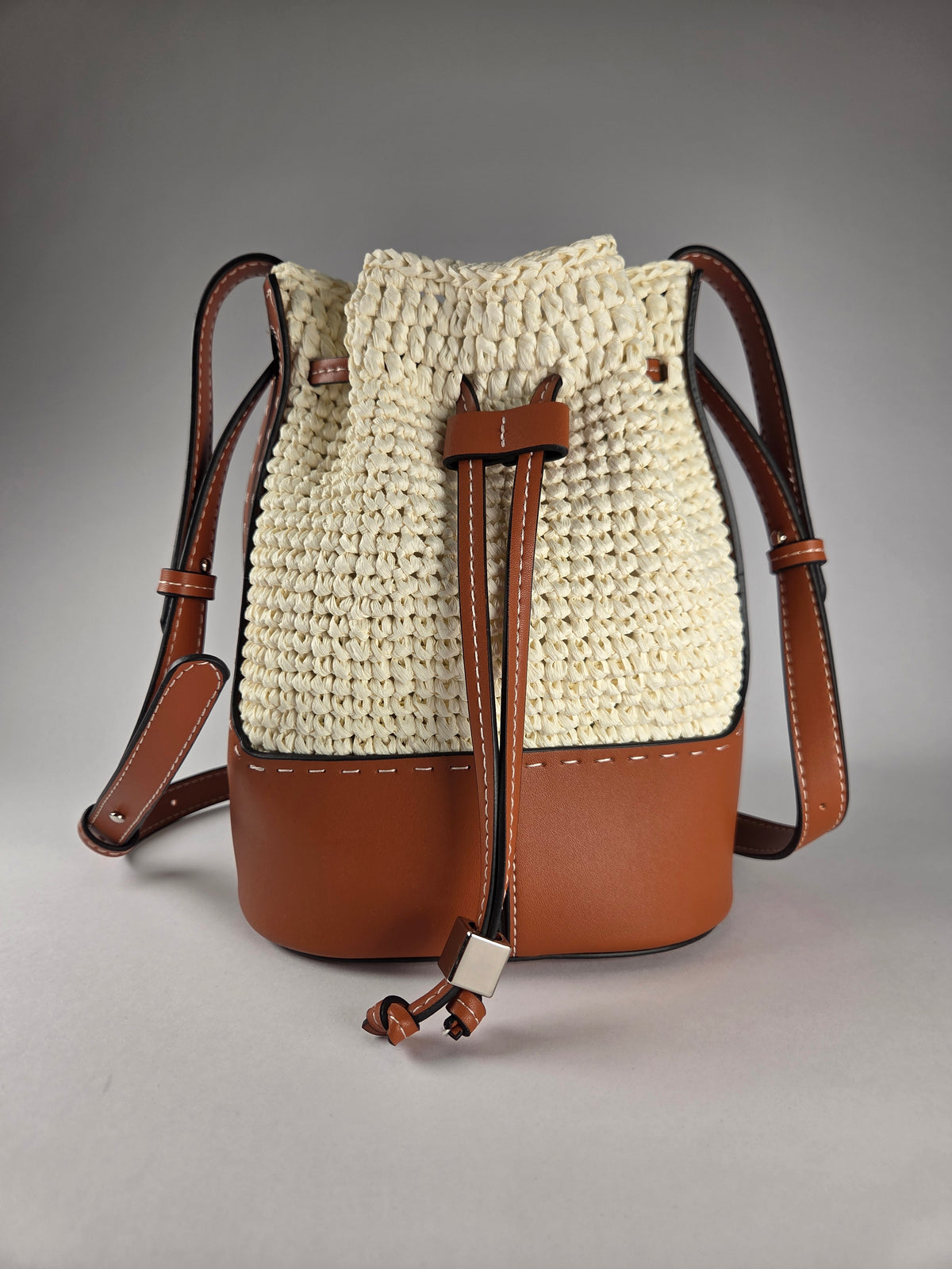 Crochet Bucket Bag with Faux Leather Accent