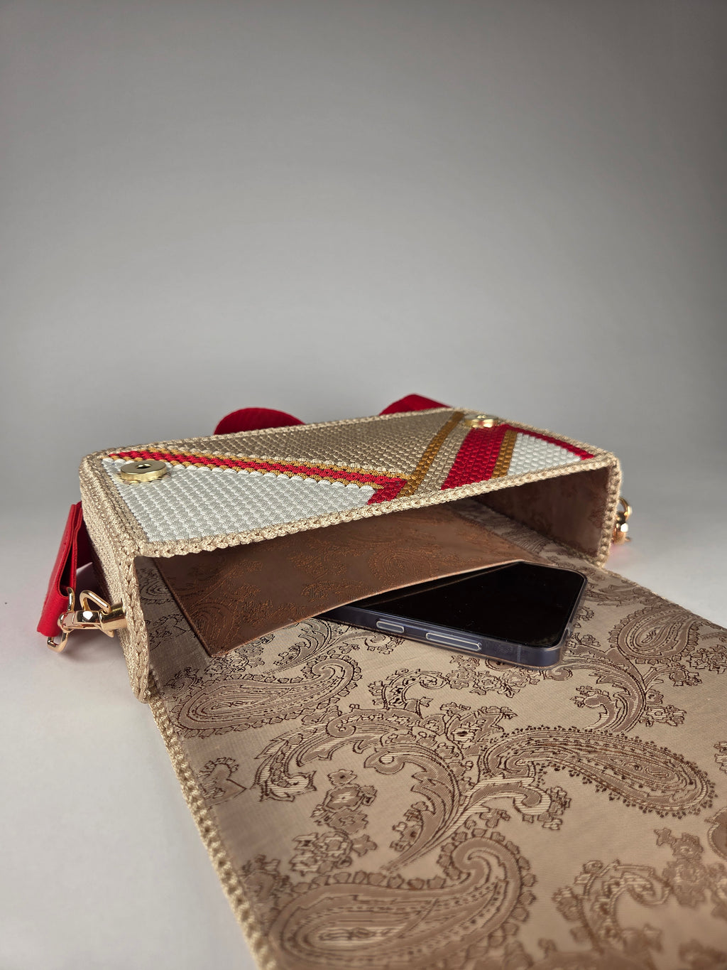 Embroidered Canvas Crossbody Bag in Beige & Red, With Strap & Purse Feet