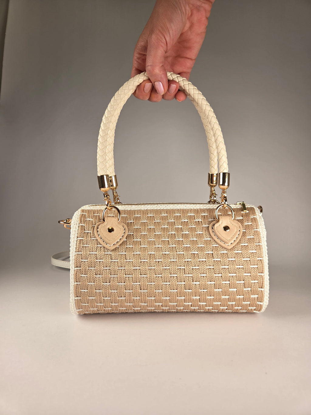 Exclusive Crocheted Baguette Bag, Beige & Gold Details