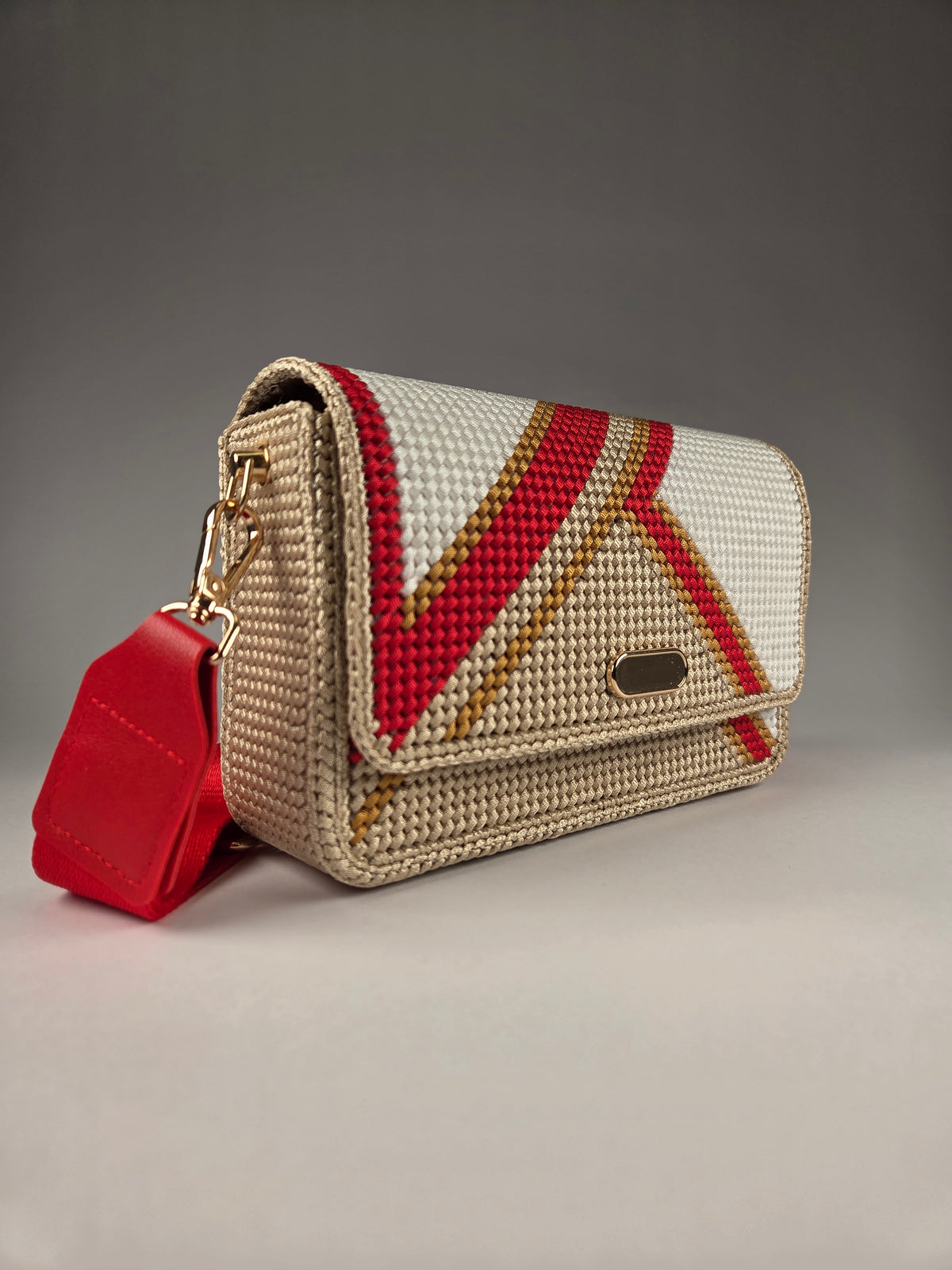 Embroidered Canvas Crossbody Bag in Beige & Red, With Strap & Purse Feet