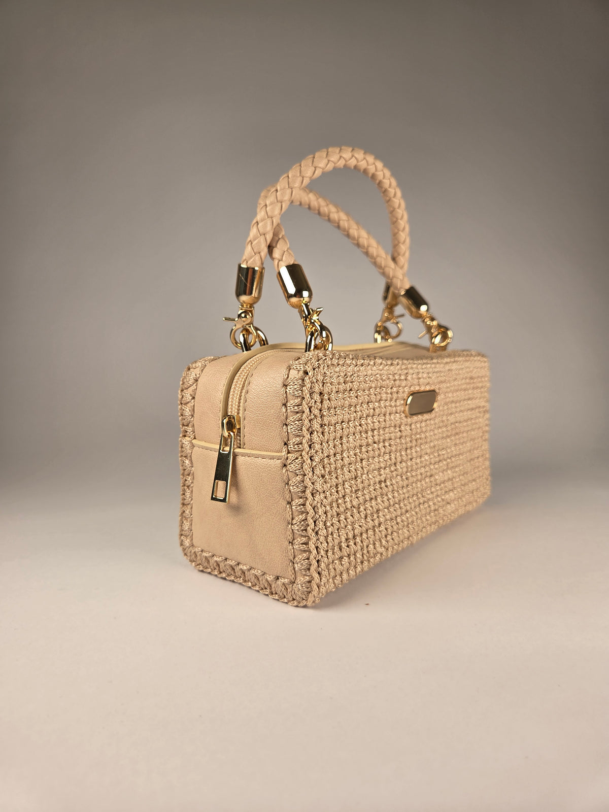 Designer Boxy Canvas Handbag in Beige