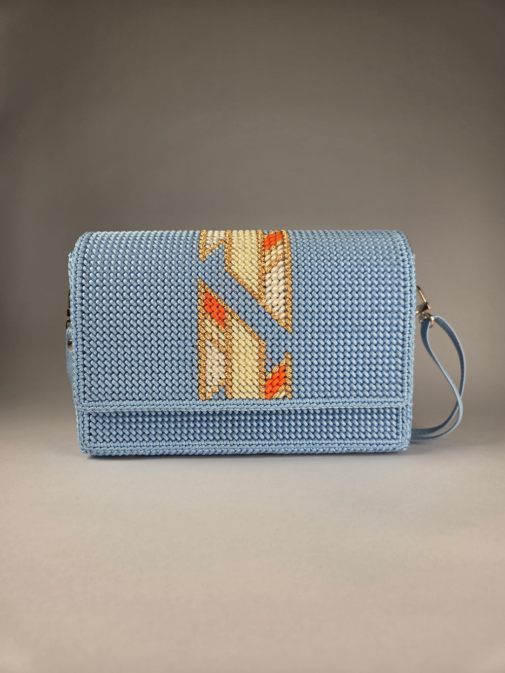 Embroidered Canvas Crossbody Bag in Light Blue – Warm Accent Pattern & Lining