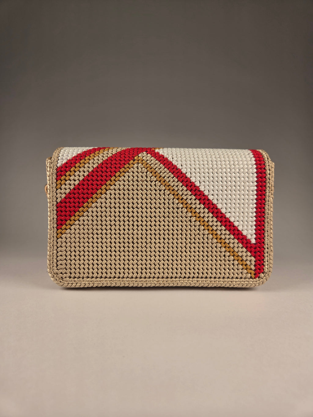 Embroidered Canvas Crossbody Bag in Beige & Red, With Strap & Purse Feet