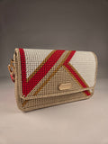 Embroidered Canvas Crossbody Bag in Beige & Red, With Strap & Purse Feet